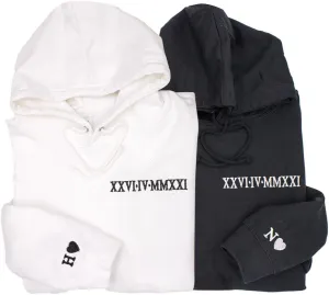 NAZENTI Personalized Couple Hoodies, Custom Initial Heart Custom Embroidered Hoodies, Roman Numeral Sweatshirts, Matching Sweatshirts for Couples, Valentines Day Anniversary Date Gift for Him