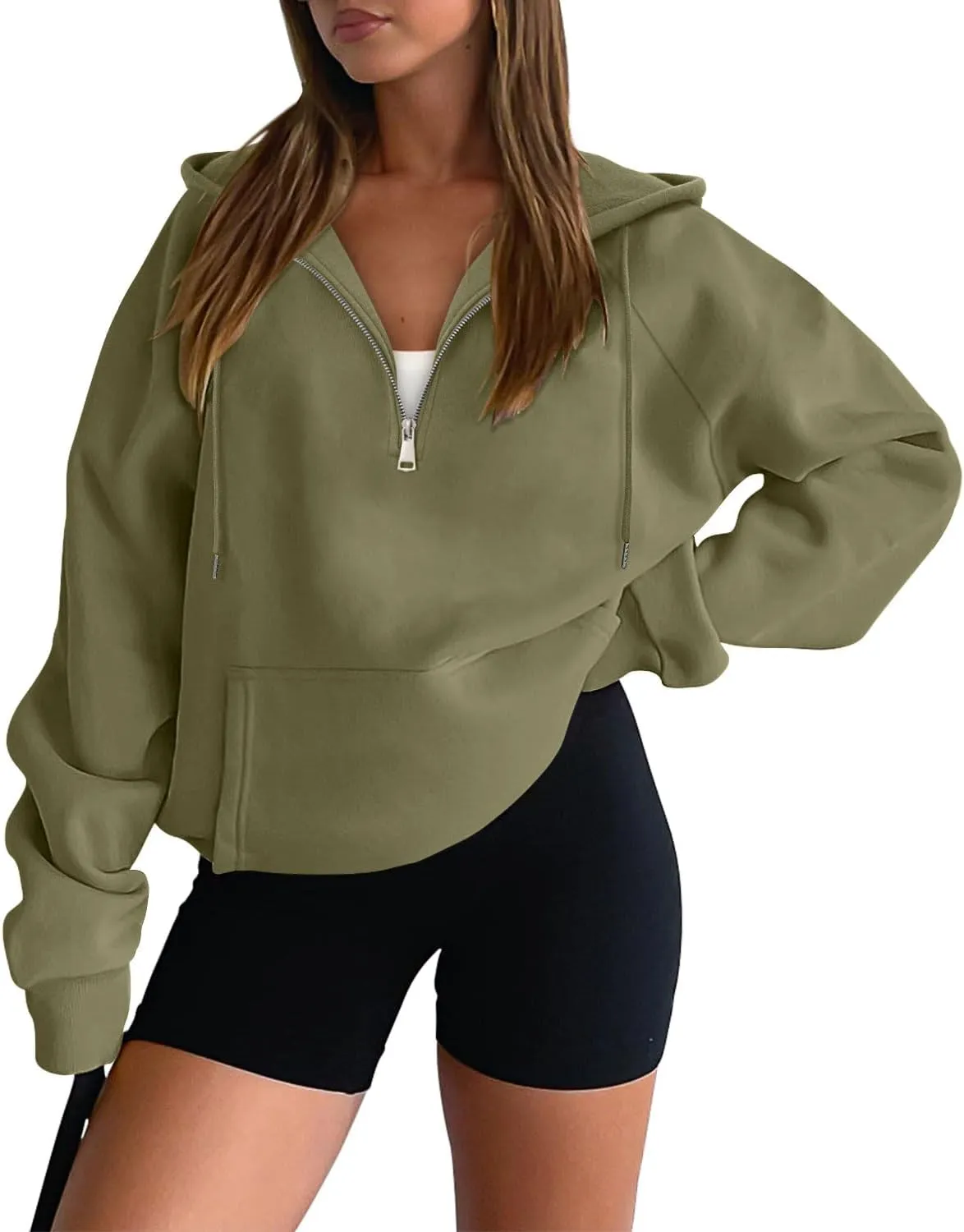 onlypuff Women Half Zipper Pullover Sweatshirt Long Sleeve Hoodies Kangaroo Pocket Fleece Basic Sweater
