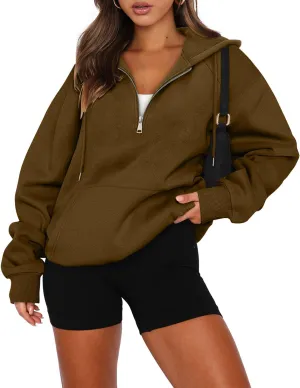 onlypuff Women Half Zipper Pullover Sweatshirt Long Sleeve Hoodies Kangaroo Pocket Fleece Basic Sweater