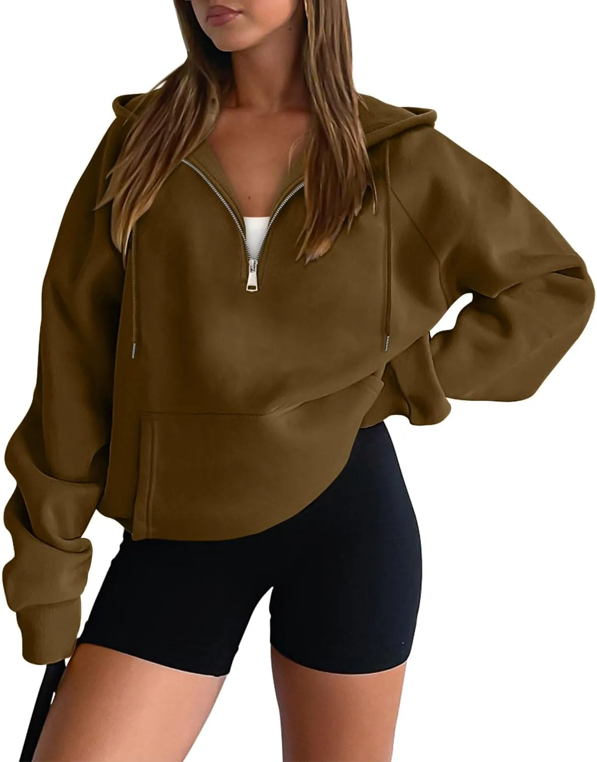 onlypuff Women Half Zipper Pullover Sweatshirt Long Sleeve Hoodies Kangaroo Pocket Fleece Basic Sweater