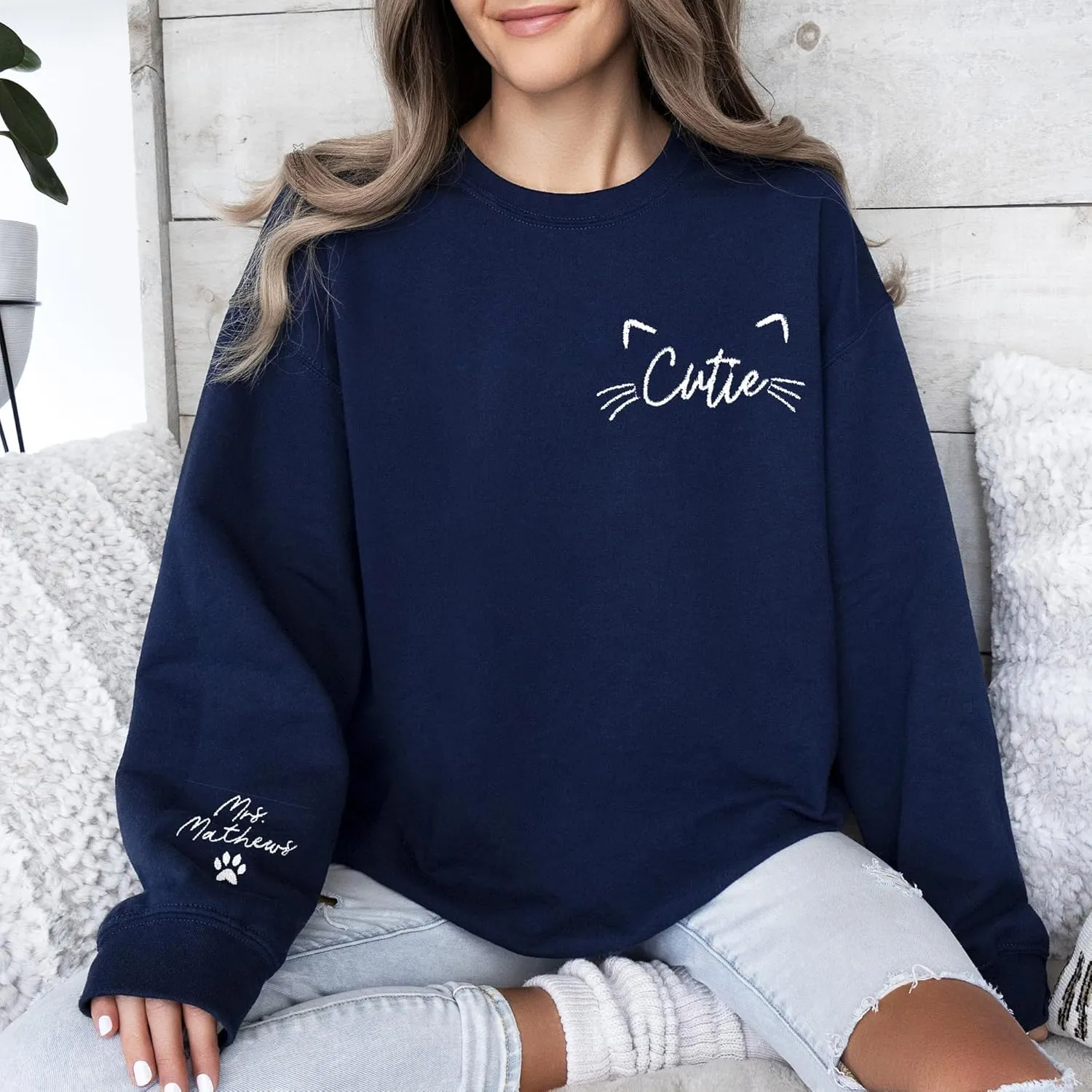 Pamaheart Custom Embroidered Cat Sweatshirt - Cute Cat Shirt, Gifts for Women, Birthday, Christmas, Halloween, Cat Lovers