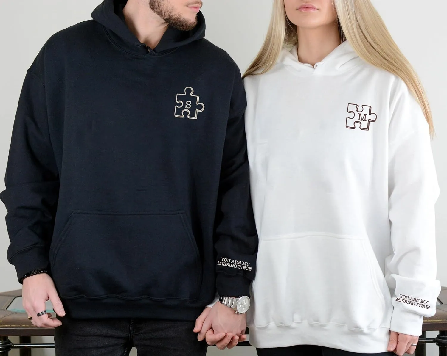 Personalized Embroidered Couple Hoodies, Custom Heart Puzzle Sweatshirt, Gifts For Him Her, Valentine Day Shirt