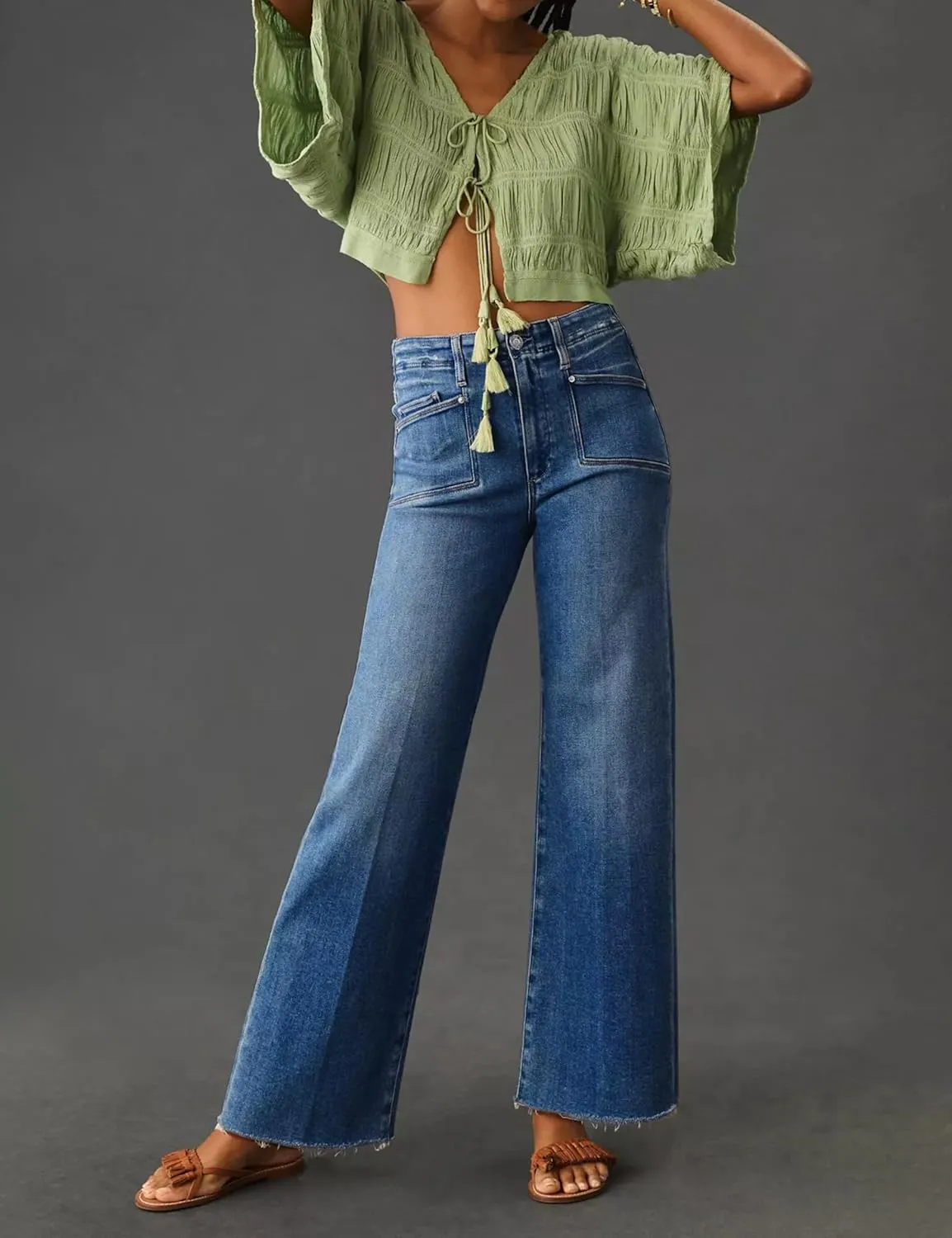 PHISOCKAT High Waisted Wide Leg Jeans for Women Stretchy Baggy Jeans Trendy Denim Pants with Pockets