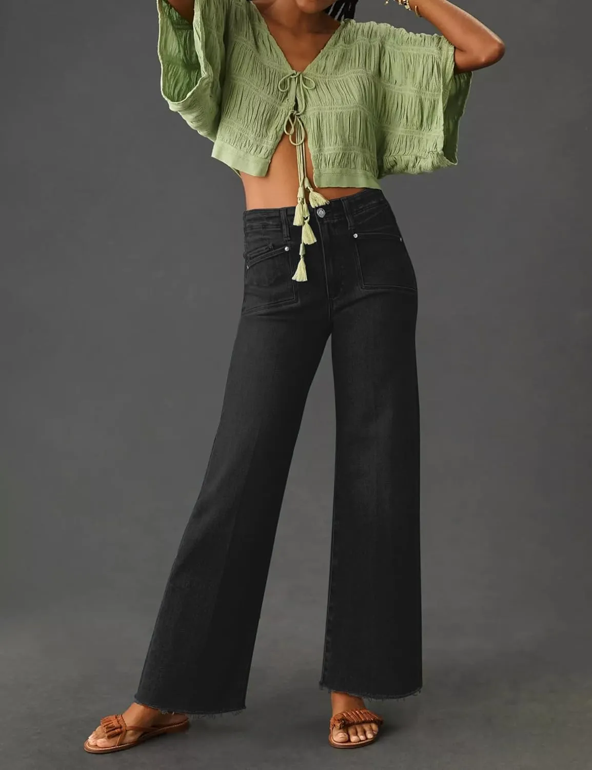 PHISOCKAT High Waisted Wide Leg Jeans for Women Stretchy Baggy Jeans Trendy Denim Pants with Pockets