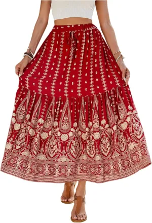 Pleated Skirts for Women,Wrap Drawstring Tiered Flowy Maxi Skirts 2025 Trendy Casual Long Boho Skirt Spring Summer