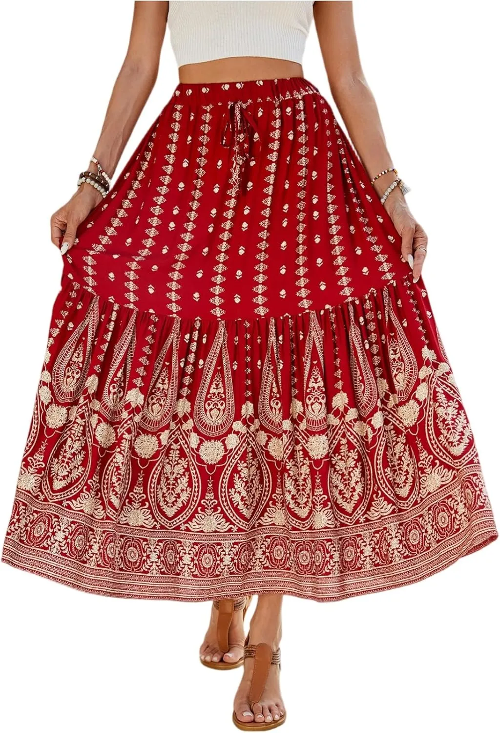 Pleated Skirts for Women,Wrap Drawstring Tiered Flowy Maxi Skirts 2025 Trendy Casual Long Boho Skirt Spring Summer