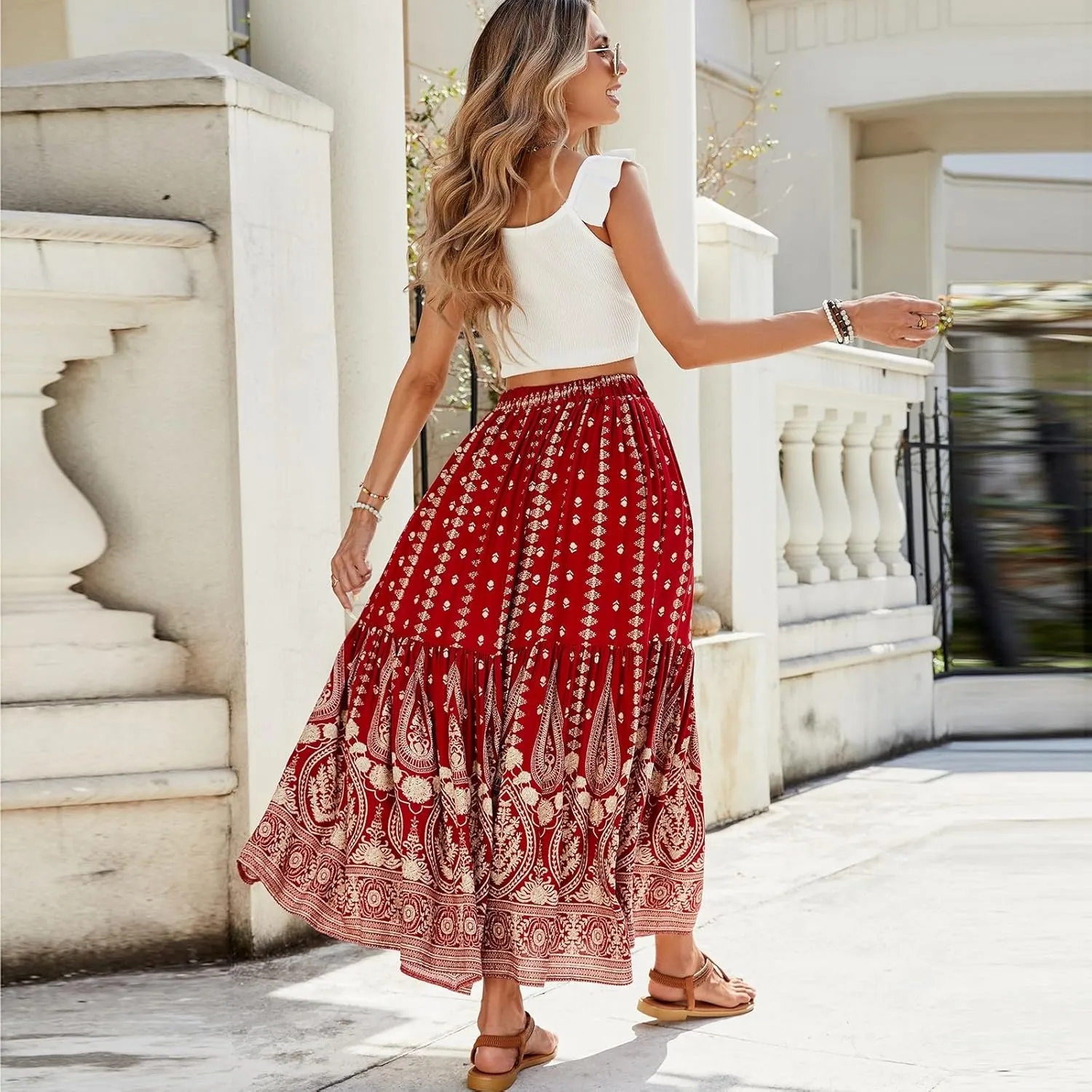 Pleated Skirts for Women,Wrap Drawstring Tiered Flowy Maxi Skirts 2025 Trendy Casual Long Boho Skirt Spring Summer