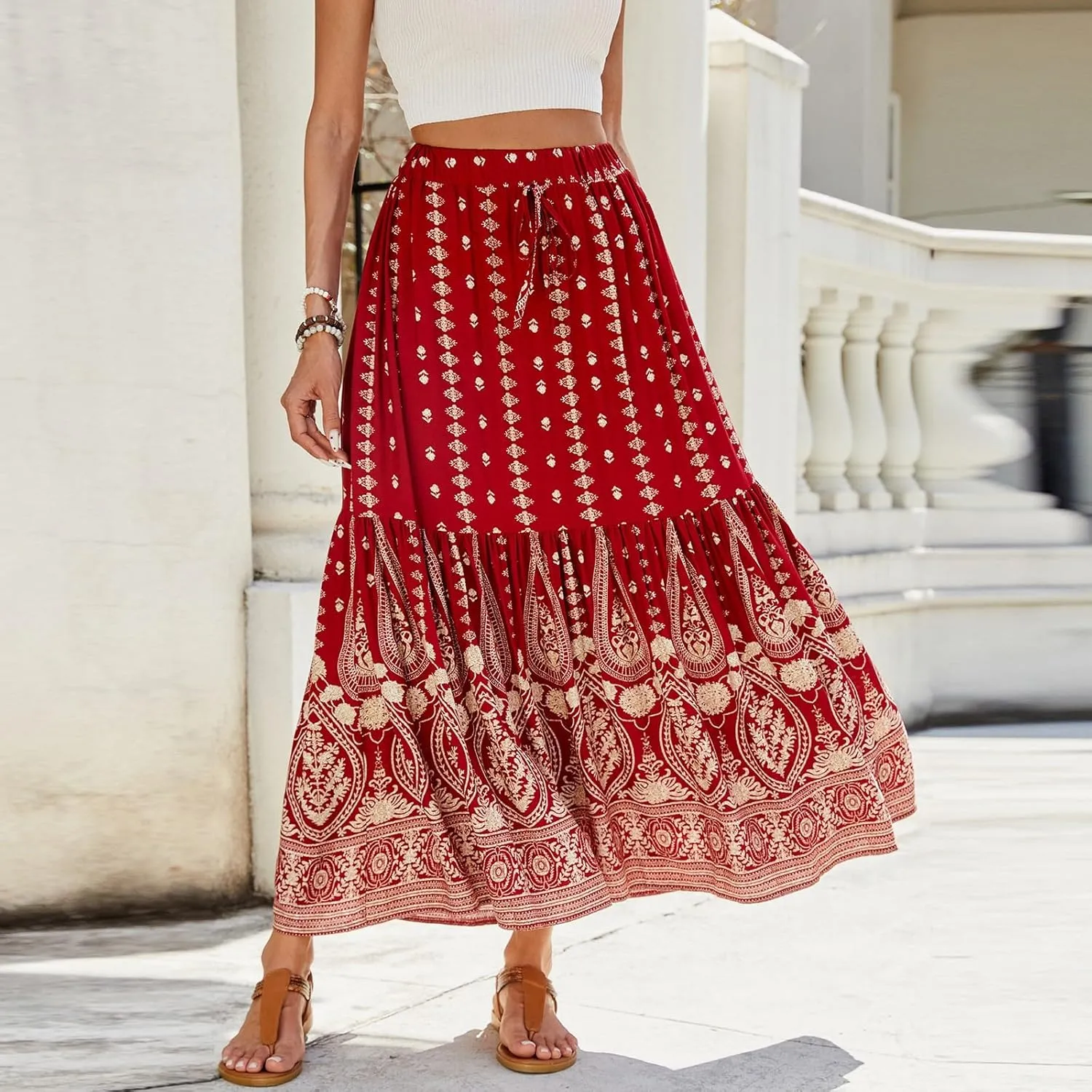 Pleated Skirts for Women,Wrap Drawstring Tiered Flowy Maxi Skirts 2025 Trendy Casual Long Boho Skirt Spring Summer