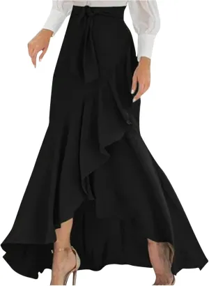 Plus Size Solid Mermaid Maxi Skirt Women Tie High Waist A Line Skirts Flowy Irregular Ruffle Hem Fishtail Long Skirt