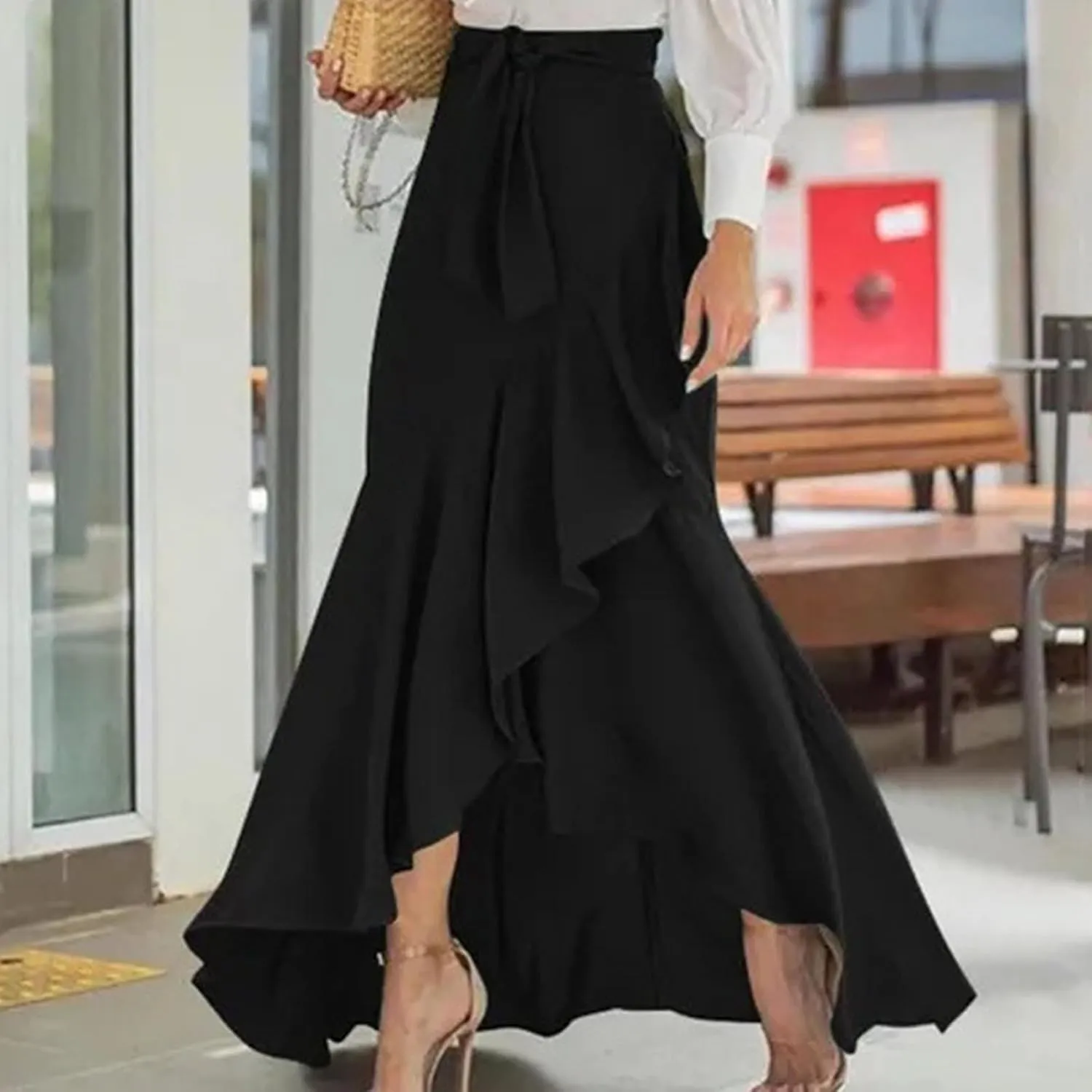 Plus Size Solid Mermaid Maxi Skirt Women Tie High Waist A Line Skirts Flowy Irregular Ruffle Hem Fishtail Long Skirt