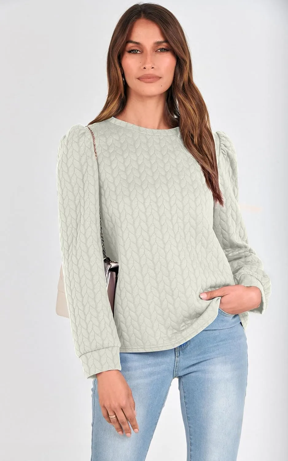 PRETTYGARDEN Women's Puff Sleeve Sweatshirts 2024 Fall Fashion Casual Crewneck Solid Twist Texture Pullover Tops