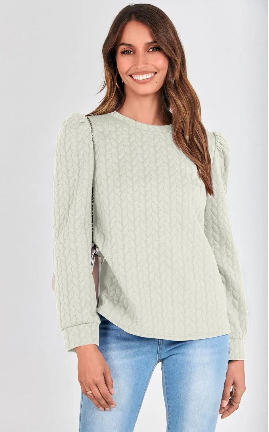 PRETTYGARDEN Women's Puff Sleeve Sweatshirts 2024 Fall Fashion Casual Crewneck Solid Twist Texture Pullover Tops