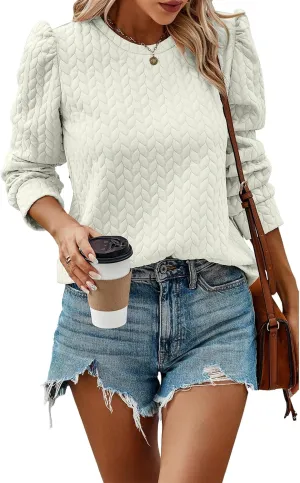 PRETTYGARDEN Women's Puff Sleeve Sweatshirts 2024 Fall Fashion Casual Crewneck Solid Twist Texture Pullover Tops