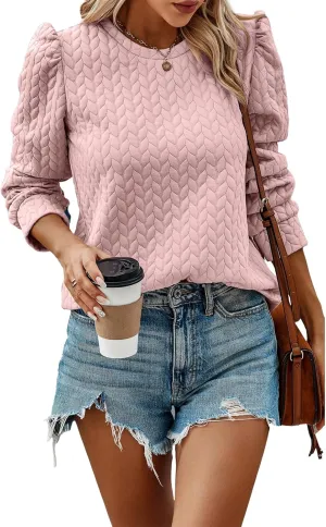 PRETTYGARDEN Women's Puff Sleeve Sweatshirts 2024 Fall Fashion Casual Crewneck Solid Twist Texture Pullover Tops