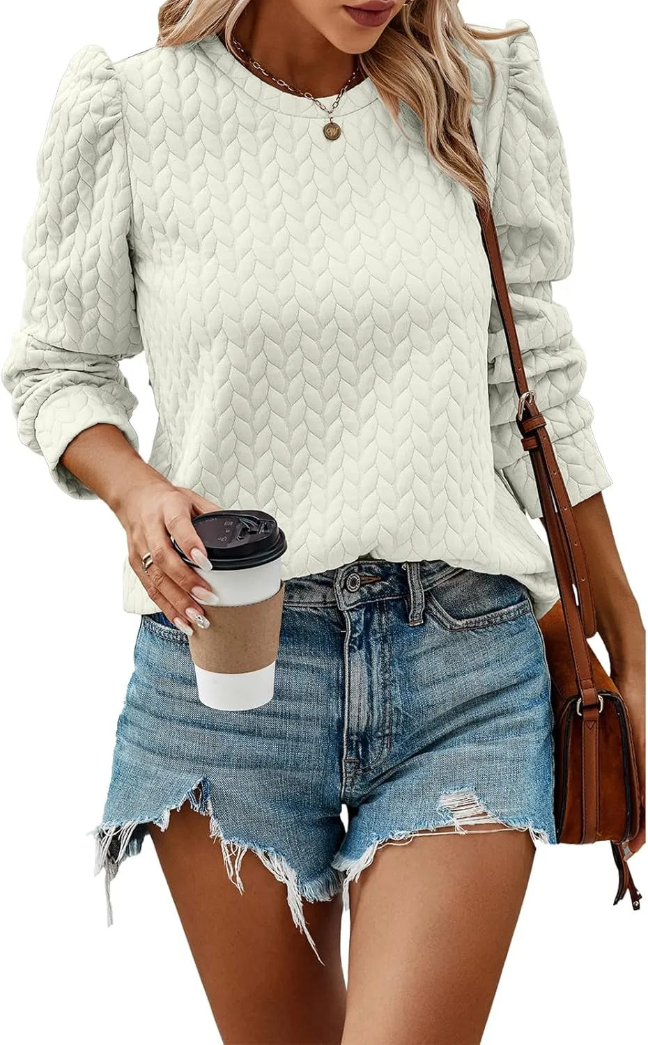 PRETTYGARDEN Women's Puff Sleeve Sweatshirts 2024 Fall Fashion Casual Crewneck Solid Twist Texture Pullover Tops