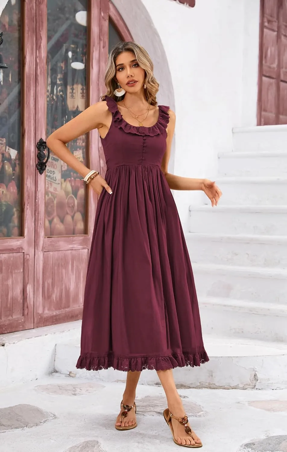 R.Vivimos Womens Summer Cotton Sleeveless Midi Dresses Vintage Lace Trim Button Up Tie Waist Casual A-Line Flowy Long Dresses