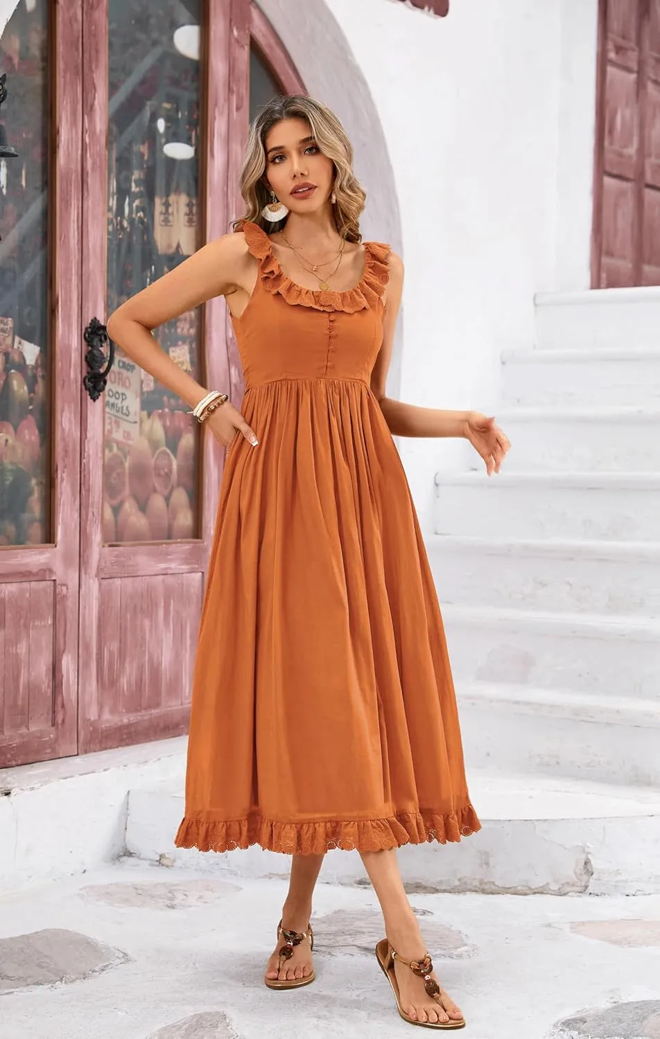 R.Vivimos Womens Summer Cotton Sleeveless Midi Dresses Vintage Lace Trim Button Up Tie Waist Casual A-Line Flowy Long Dresses
