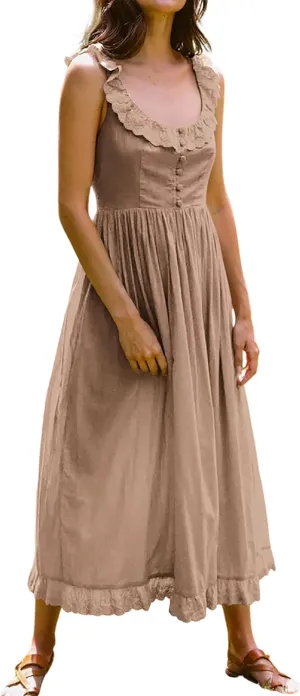 R.Vivimos Womens Summer Cotton Sleeveless Midi Dresses Vintage Lace Trim Button Up Tie Waist Casual A-Line Flowy Long Dresses