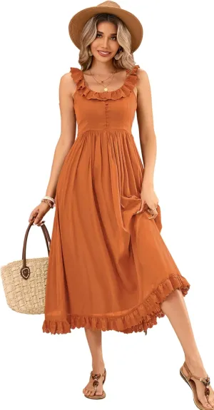 R.Vivimos Womens Summer Cotton Sleeveless Midi Dresses Vintage Lace Trim Button Up Tie Waist Casual A-Line Flowy Long Dresses