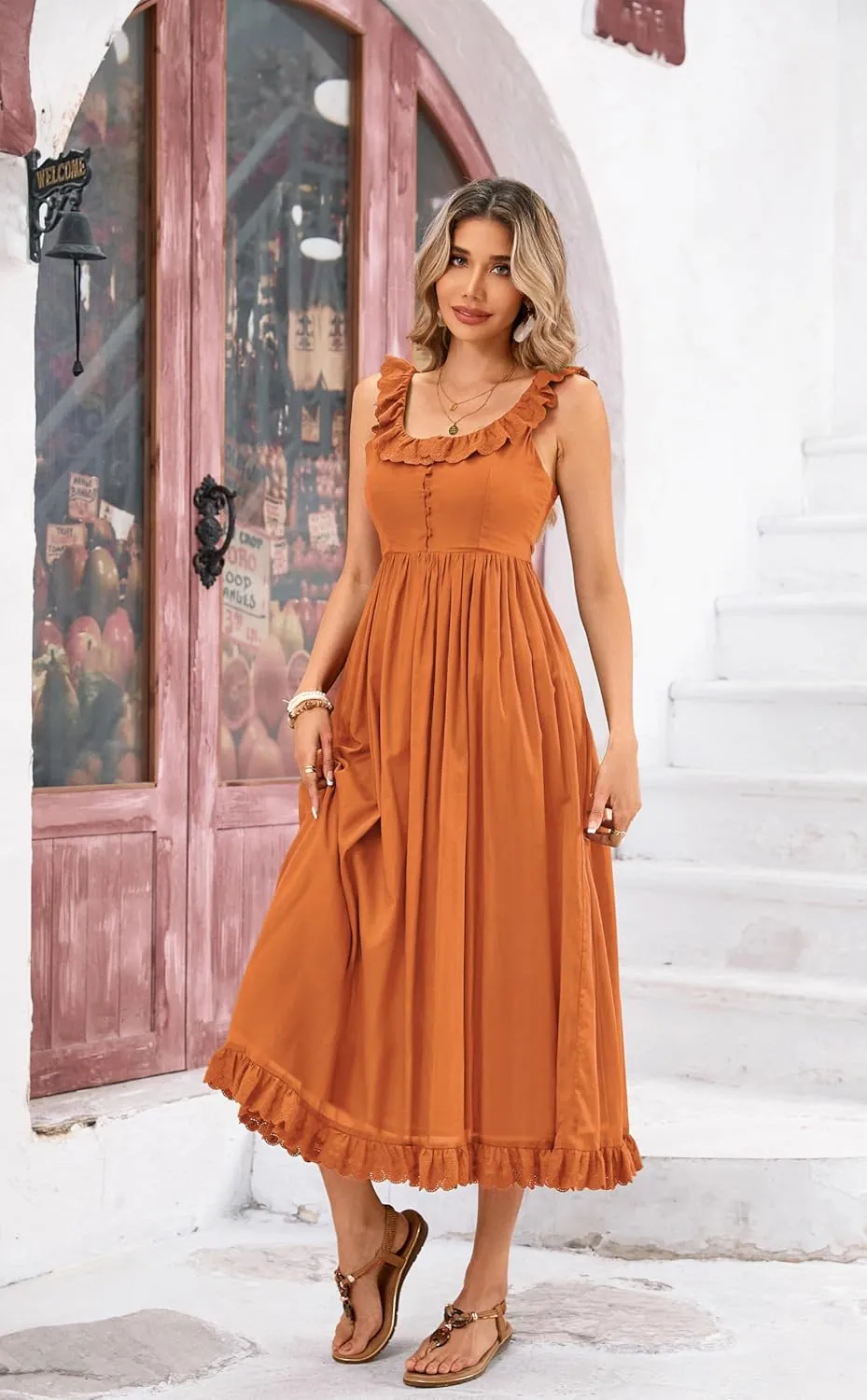 R.Vivimos Womens Summer Cotton Sleeveless Midi Dresses Vintage Lace Trim Button Up Tie Waist Casual A-Line Flowy Long Dresses