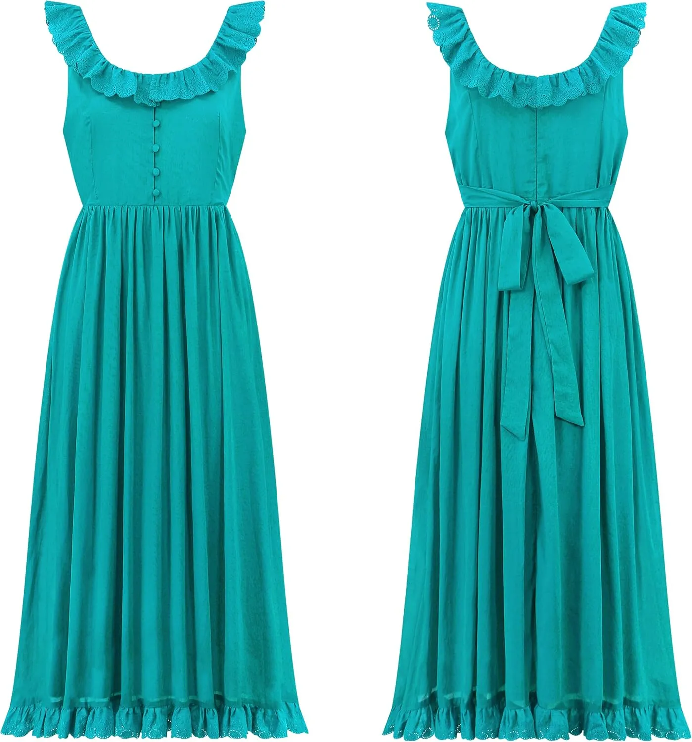 R.Vivimos Womens Summer Cotton Sleeveless Midi Dresses Vintage Lace Trim Button Up Tie Waist Casual A-Line Flowy Long Dresses