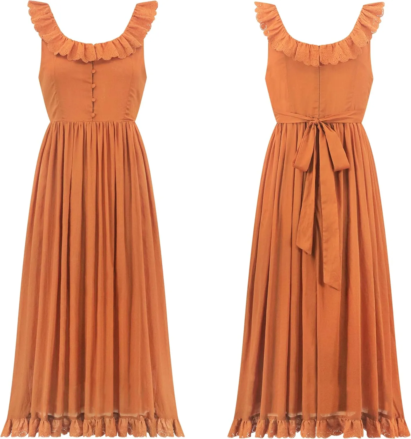 R.Vivimos Womens Summer Cotton Sleeveless Midi Dresses Vintage Lace Trim Button Up Tie Waist Casual A-Line Flowy Long Dresses
