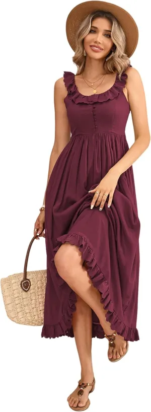 R.Vivimos Womens Summer Cotton Sleeveless Midi Dresses Vintage Lace Trim Button Up Tie Waist Casual A-Line Flowy Long Dresses