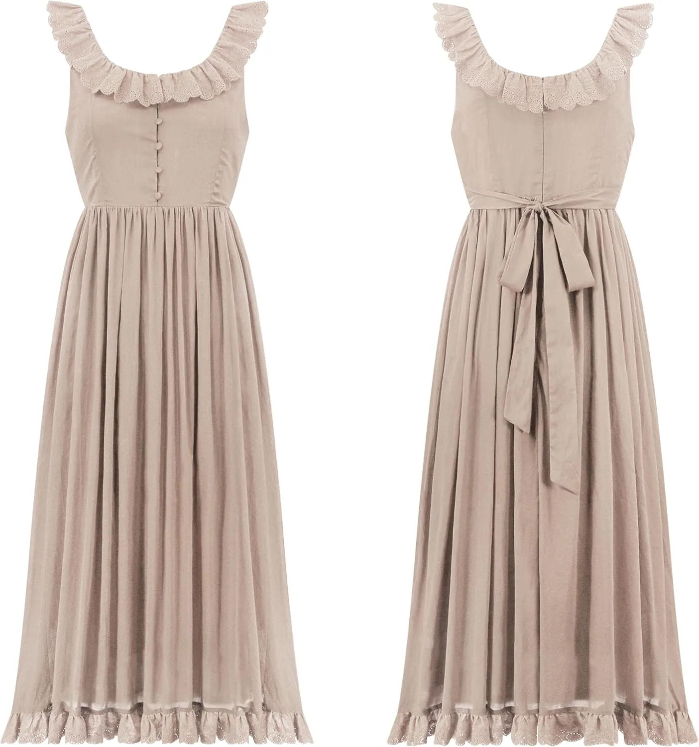 R.Vivimos Womens Summer Cotton Sleeveless Midi Dresses Vintage Lace Trim Button Up Tie Waist Casual A-Line Flowy Long Dresses