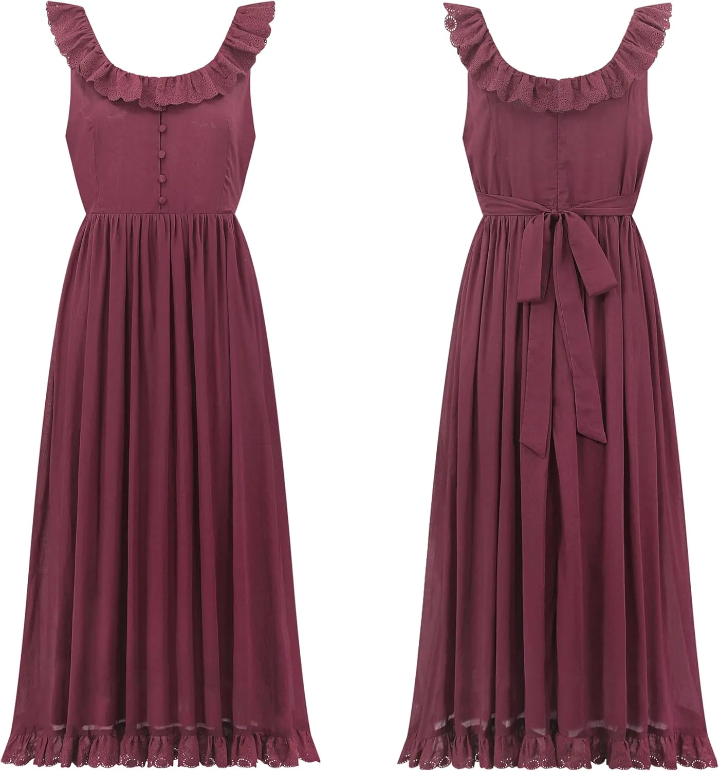 R.Vivimos Womens Summer Cotton Sleeveless Midi Dresses Vintage Lace Trim Button Up Tie Waist Casual A-Line Flowy Long Dresses