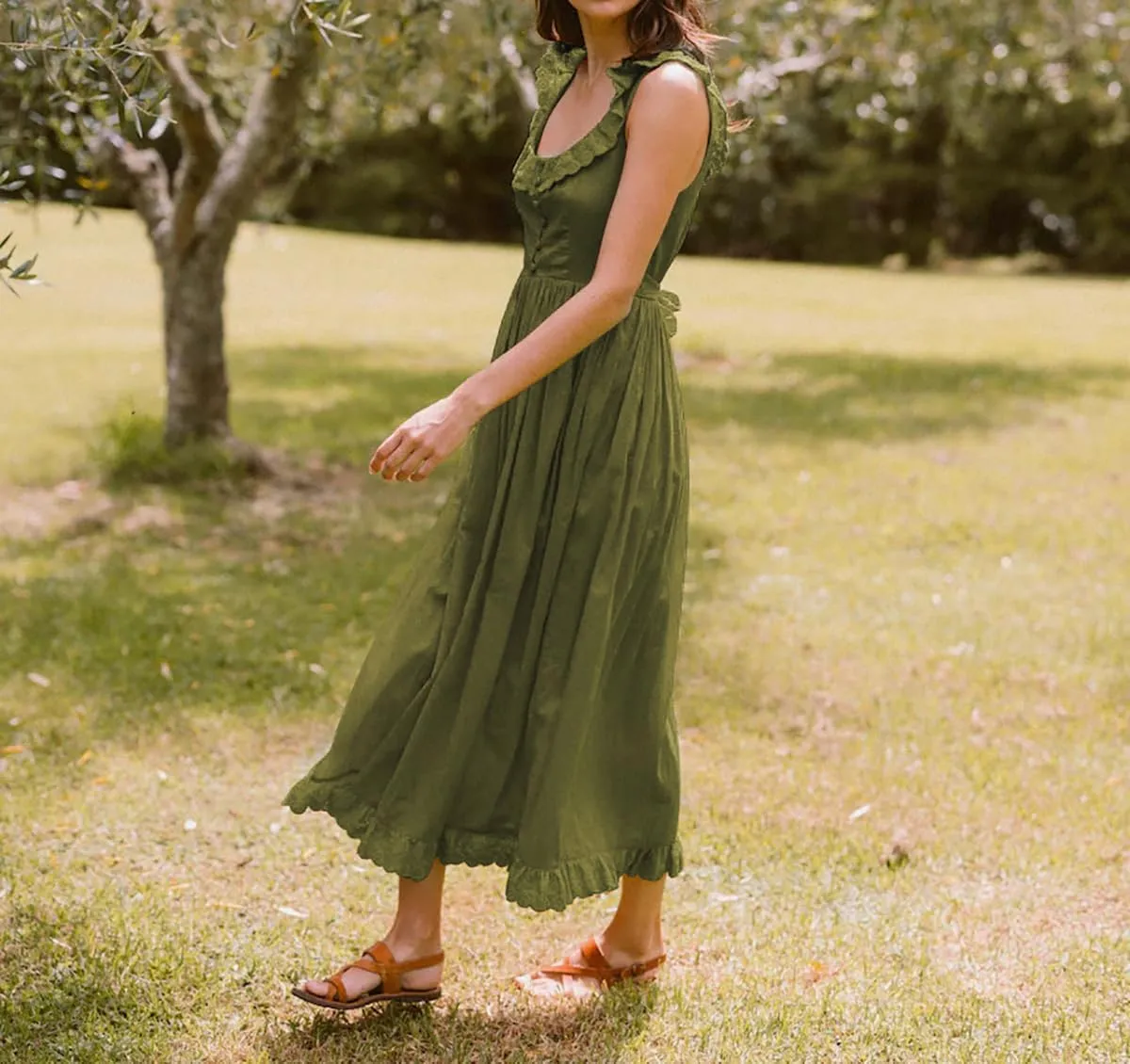 R.Vivimos Womens Summer Cotton Sleeveless Midi Dresses Vintage Lace Trim Button Up Tie Waist Casual A-Line Flowy Long Dresses