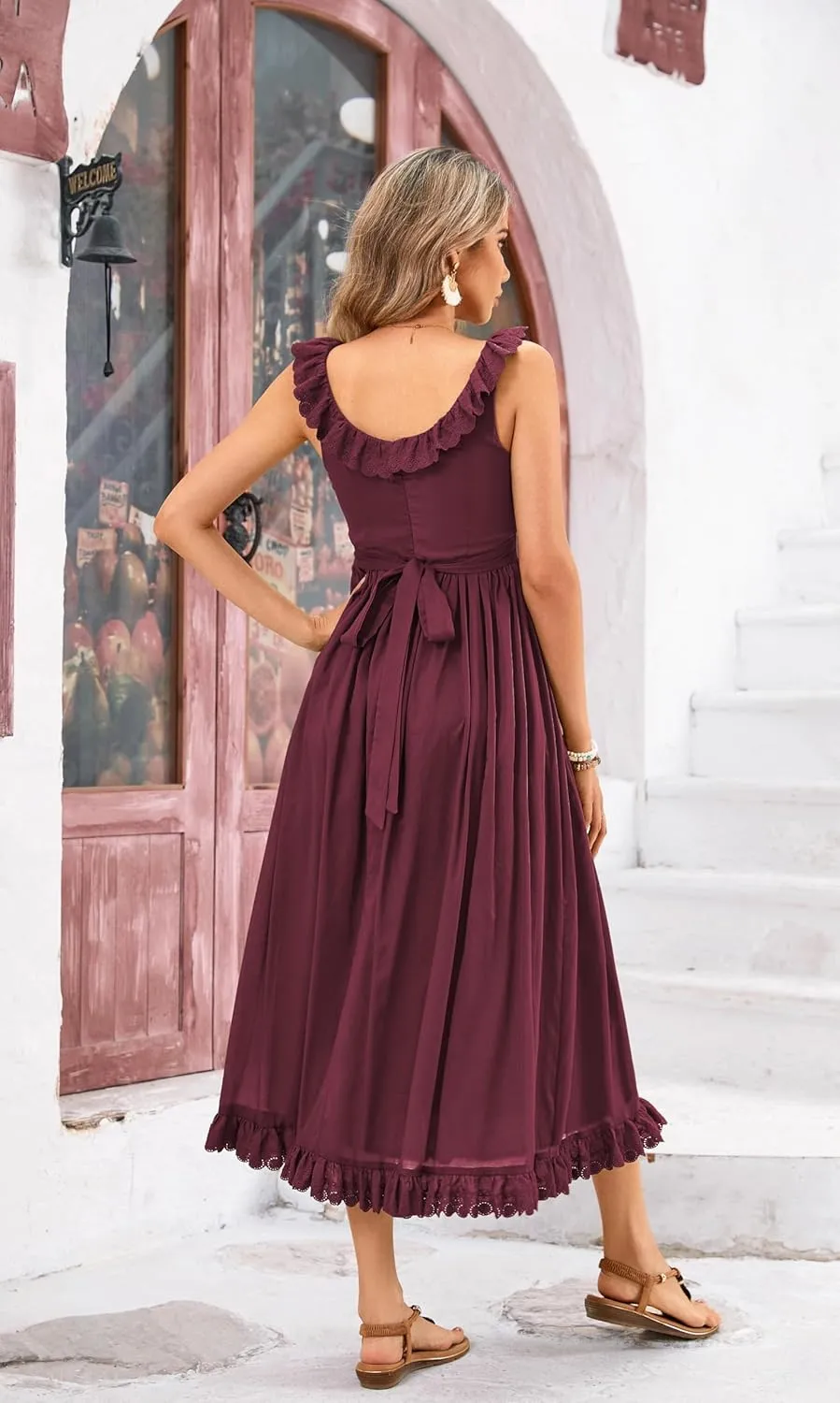 R.Vivimos Womens Summer Cotton Sleeveless Midi Dresses Vintage Lace Trim Button Up Tie Waist Casual A-Line Flowy Long Dresses
