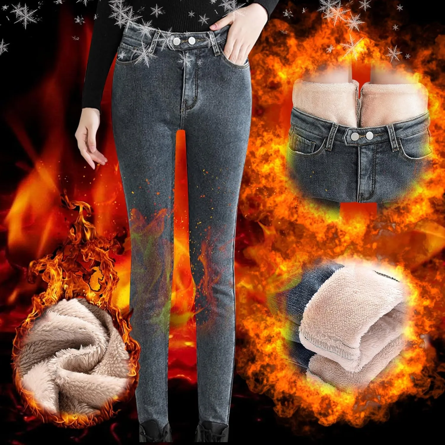 sdbrld Fleece Lined Jeans Women,Womens Fleece Lined Jeans Winter Warm High Waisted Thermal Jeans Thicken Stretchy Denim Pants