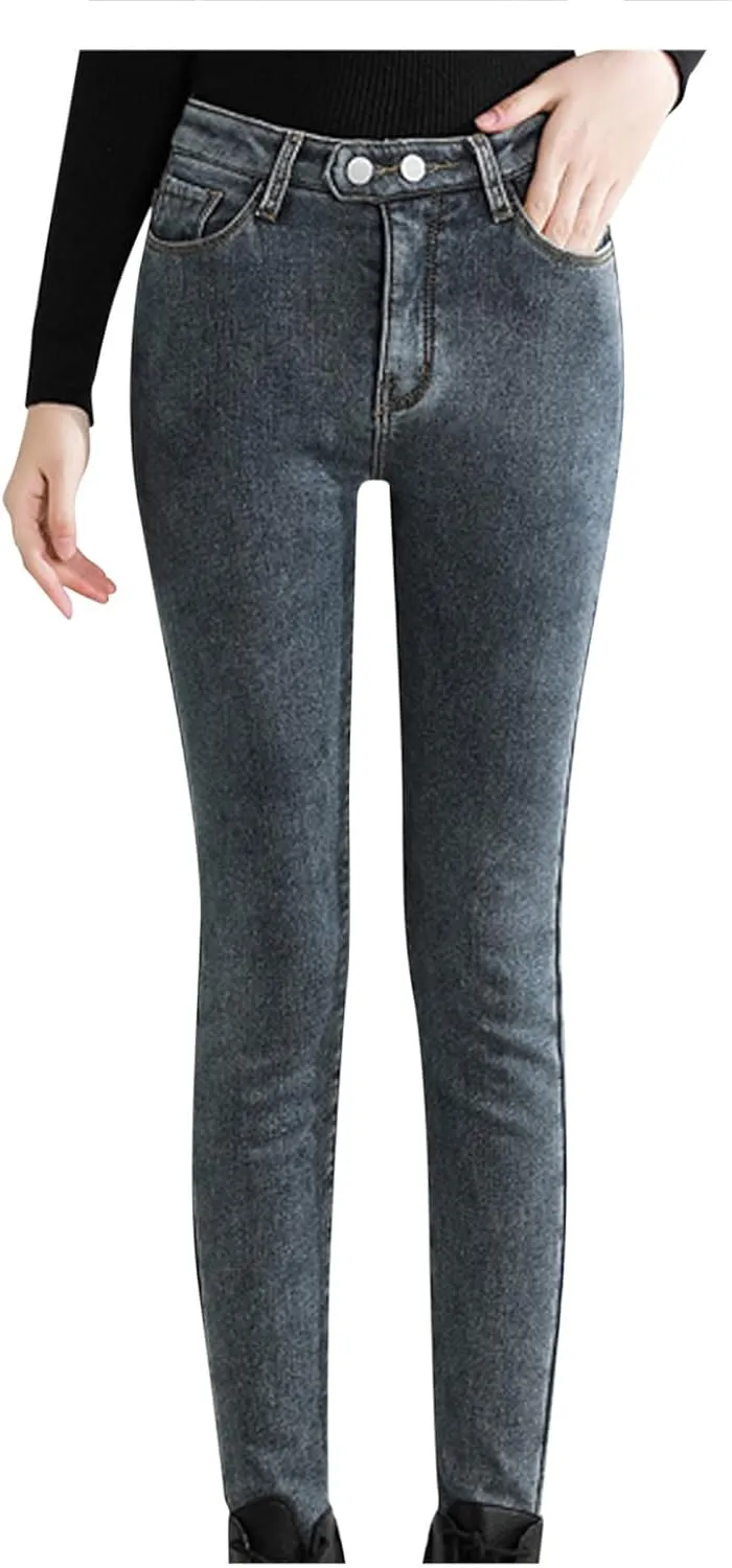 sdbrld Fleece Lined Jeans Women,Womens Fleece Lined Jeans Winter Warm High Waisted Thermal Jeans Thicken Stretchy Denim Pants