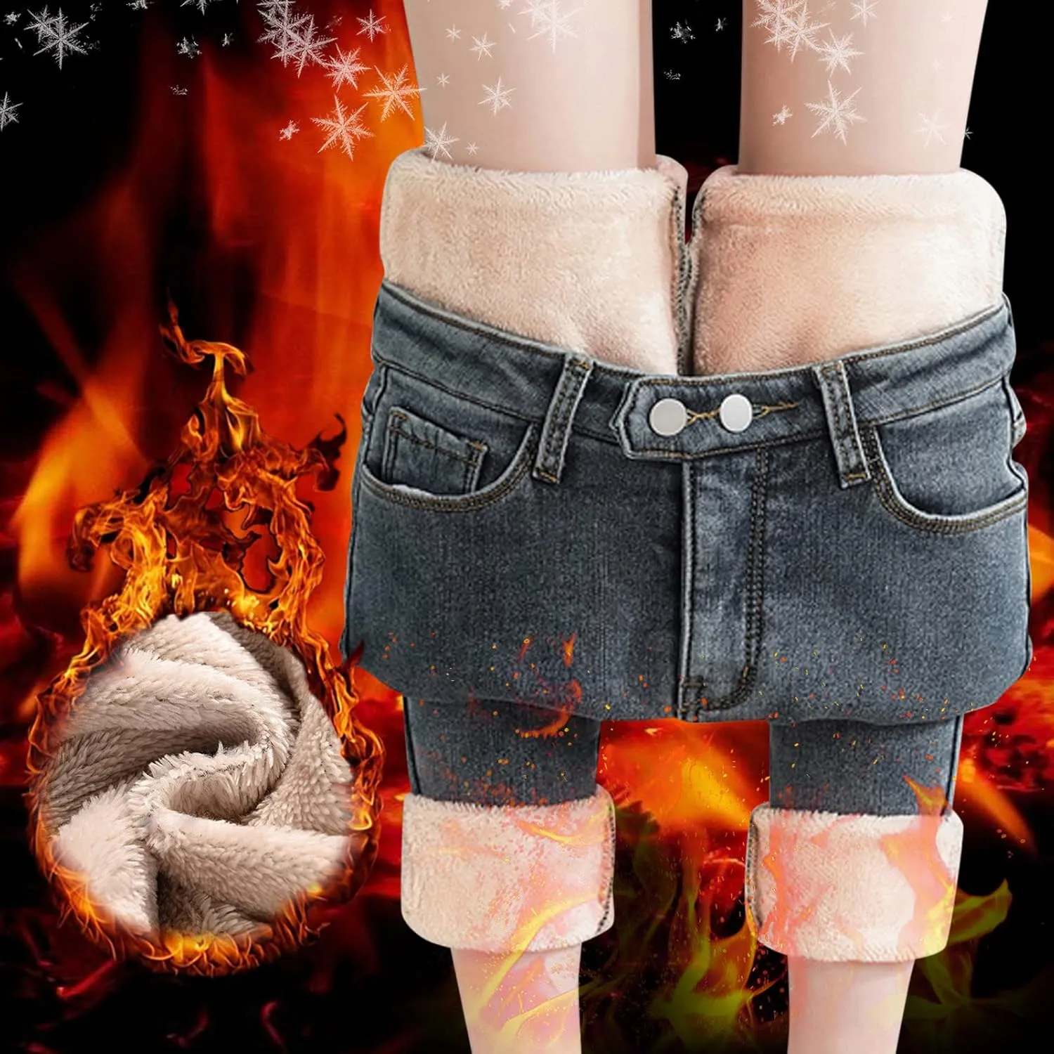 sdbrld Fleece Lined Jeans Women,Womens Fleece Lined Jeans Winter Warm High Waisted Thermal Jeans Thicken Stretchy Denim Pants