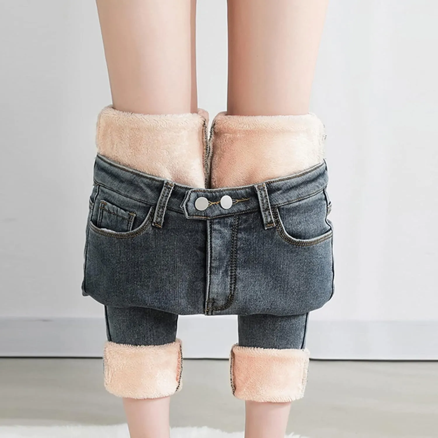 sdbrld Fleece Lined Jeans Women,Womens Fleece Lined Jeans Winter Warm High Waisted Thermal Jeans Thicken Stretchy Denim Pants