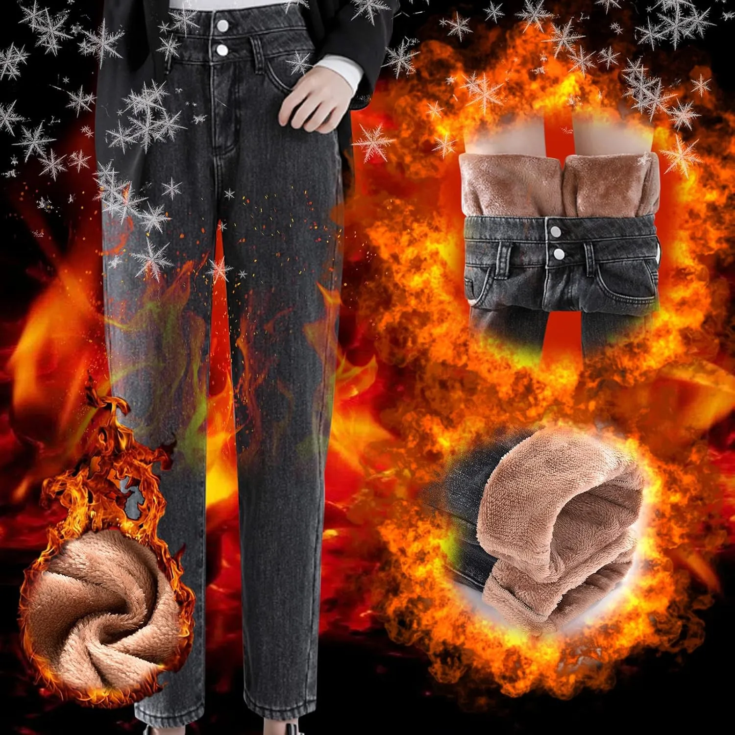sdbrld Fleece Lined Jeans Women,Womens Fleece Lined Jeans Winter Warm Thermal Jeans Thicken Skinny Stretch Denim Pants Tights