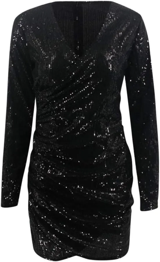 Sequin Dress for Women Long Sleeve Sexy Deep V Neck Bodycon Glitter Party Outfits Elegant Wrap Mini Sparkly Dresses
