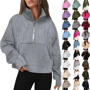 SHAOBGE Womens Waffle Sweatshirts Half Zip Cropped Pullover Fleece Quarter Zipper Hoodies Fall outfits Clothes Hoodies Tops
