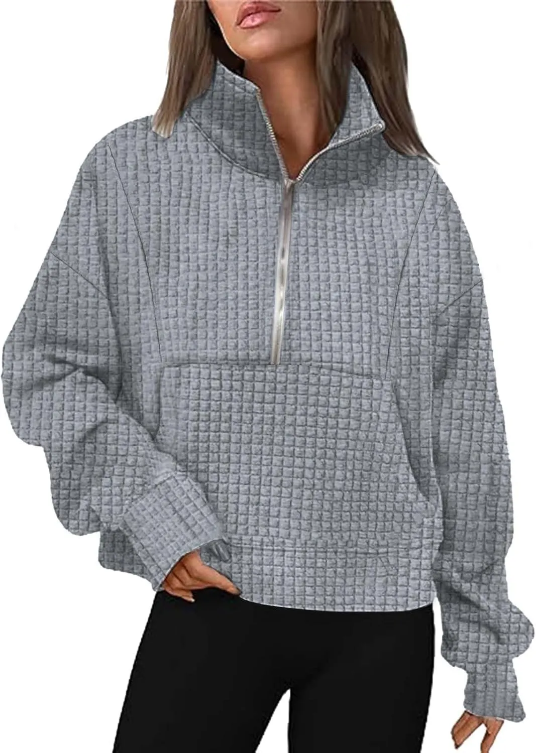 SHAOBGE Womens Waffle Sweatshirts Half Zip Cropped Pullover Fleece Quarter Zipper Hoodies Fall outfits Clothes Hoodies Tops