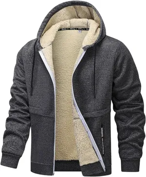 Sherpa Lined Hoodies for Men Zip Up Drawstring Sweatshirts Open Front Cardigan Jacket Thicken Thermal Coat with Pocket