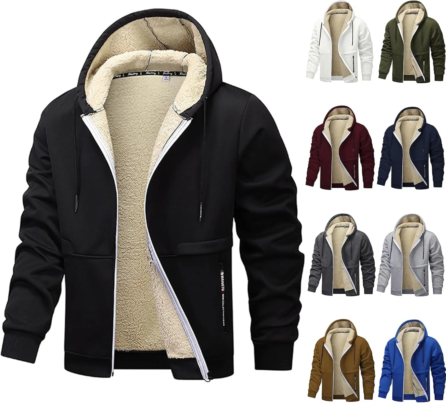 Sherpa Lined Hoodies for Men Zip Up Drawstring Sweatshirts Open Front Cardigan Jacket Thicken Thermal Coat with Pocket