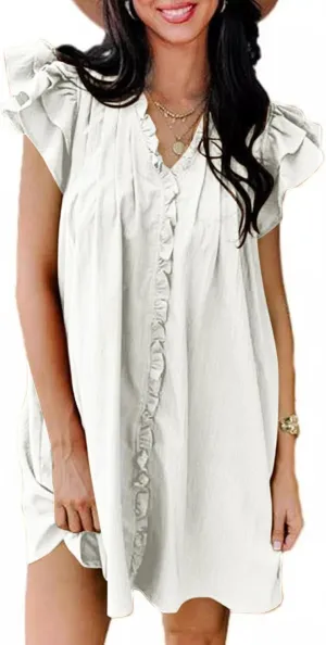 Shift Dress for Women 2024 Ruffle Sexy Mini Dress Cap Sleeve Solid Color Short Sleeve Pleated Casual Shirt Dress