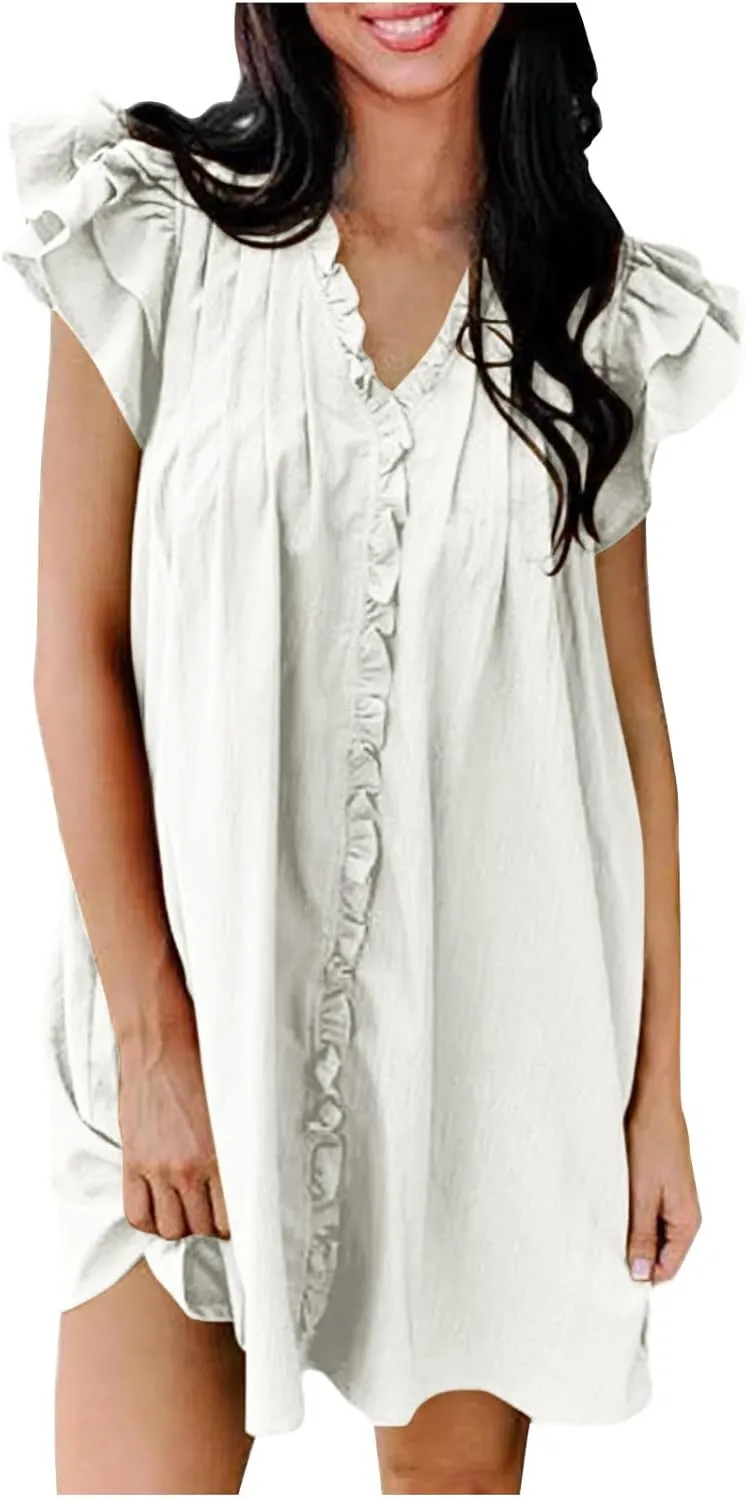 Shift Dress for Women 2024 Ruffle Sexy Mini Dress Cap Sleeve Solid Color Short Sleeve Pleated Casual Shirt Dress