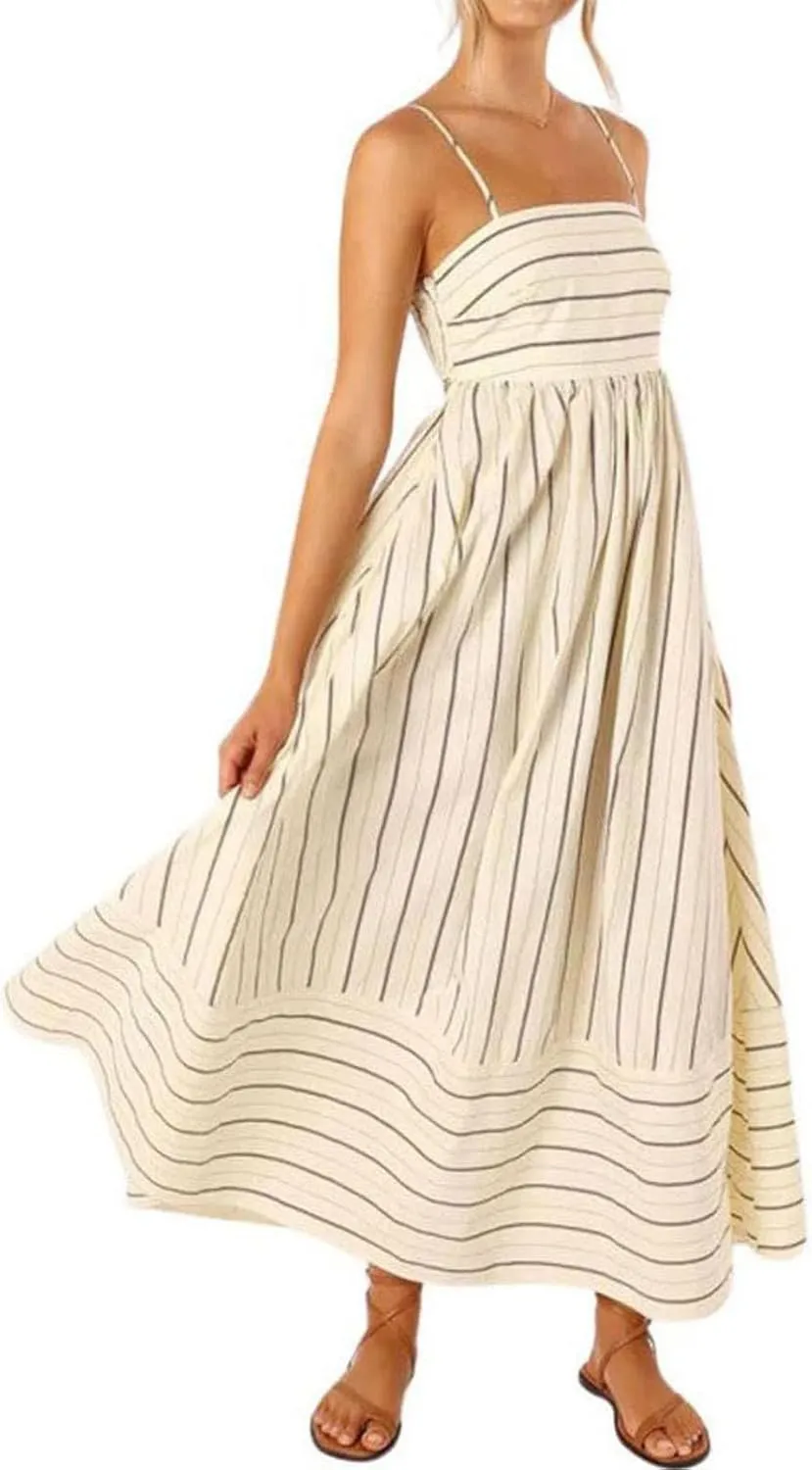 Smocked Maxi Dress for Women Striped Sleeveless Cutout Backless Sundress Boho Flowy Back Sexy Strap Swing Dresses