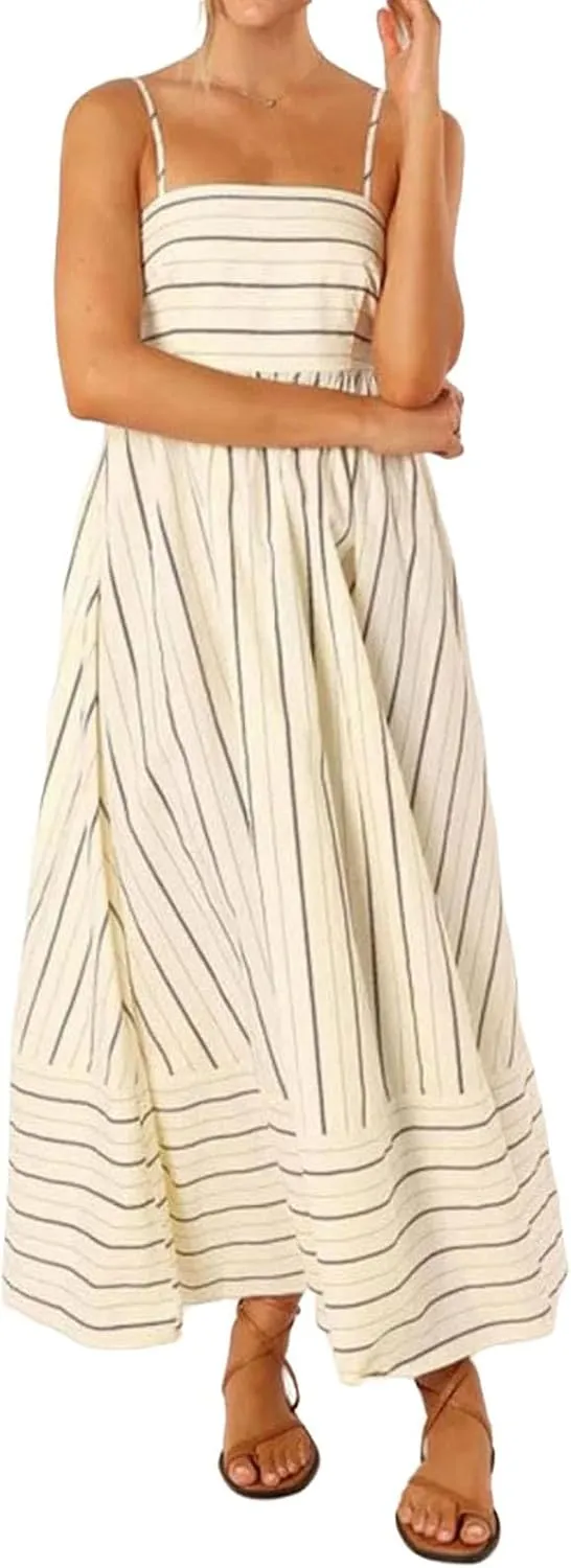 Smocked Maxi Dress for Women Striped Sleeveless Cutout Backless Sundress Boho Flowy Back Sexy Strap Swing Dresses