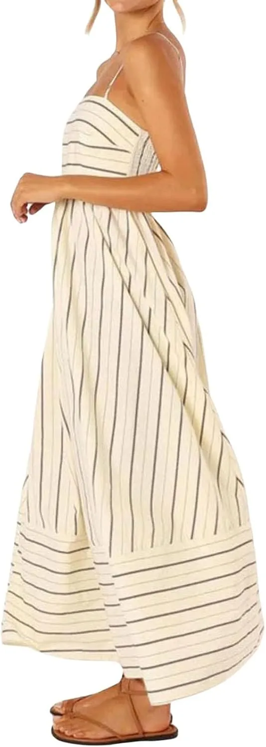Smocked Maxi Dress for Women Striped Sleeveless Cutout Backless Sundress Boho Flowy Back Sexy Strap Swing Dresses