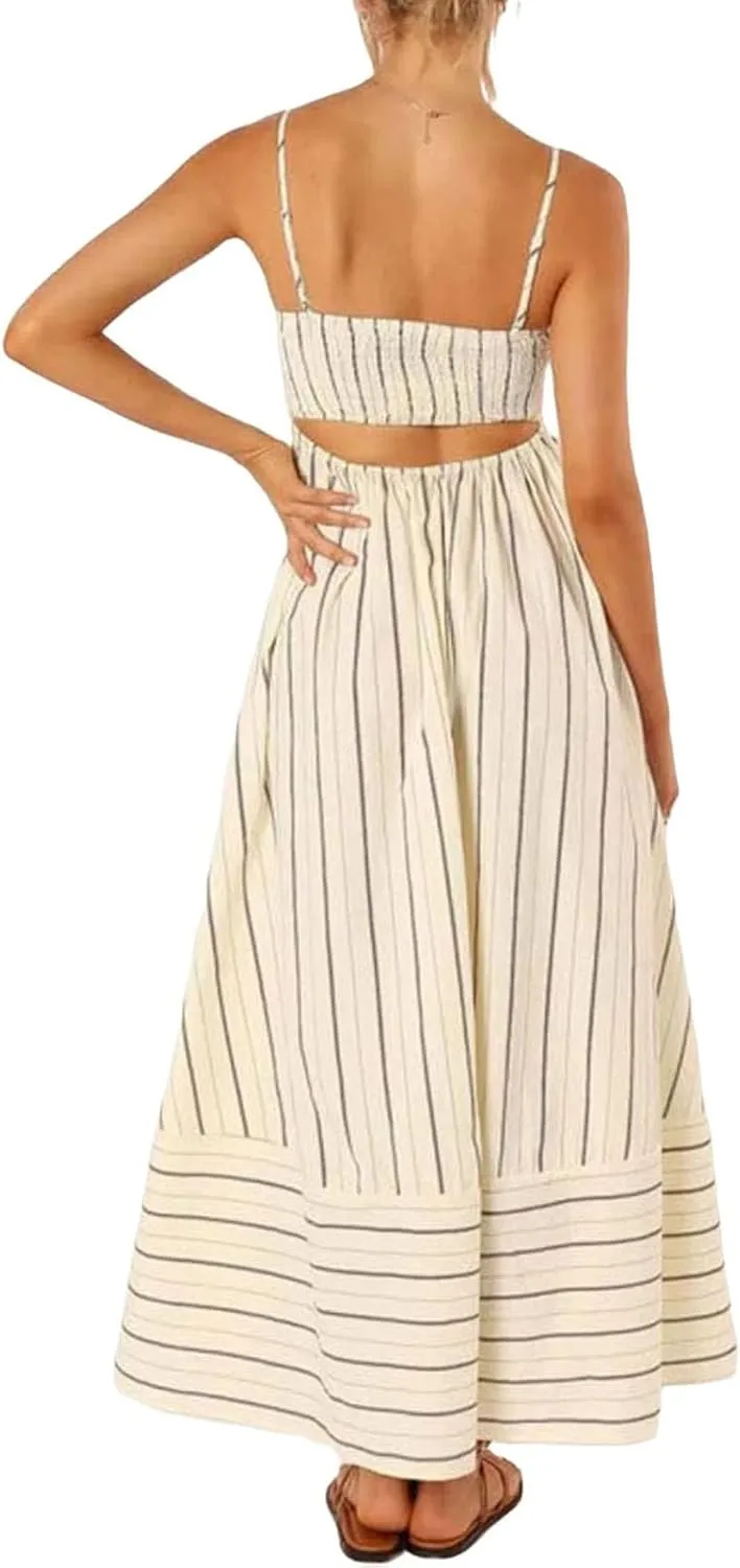 Smocked Maxi Dress for Women Striped Sleeveless Cutout Backless Sundress Boho Flowy Back Sexy Strap Swing Dresses