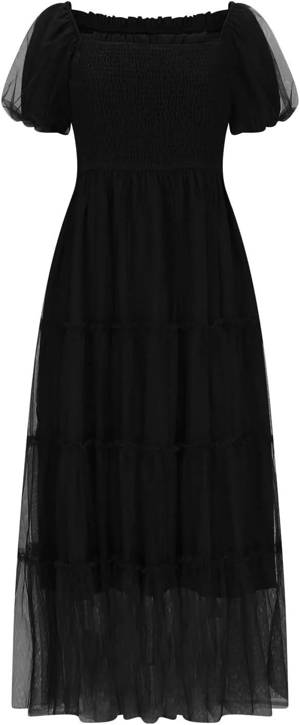 Smocked Midi Tulle Dresses for Women Puff Short Sleeve Square Neck High Waist Flowy Pleated Tiered a Line Party Dress