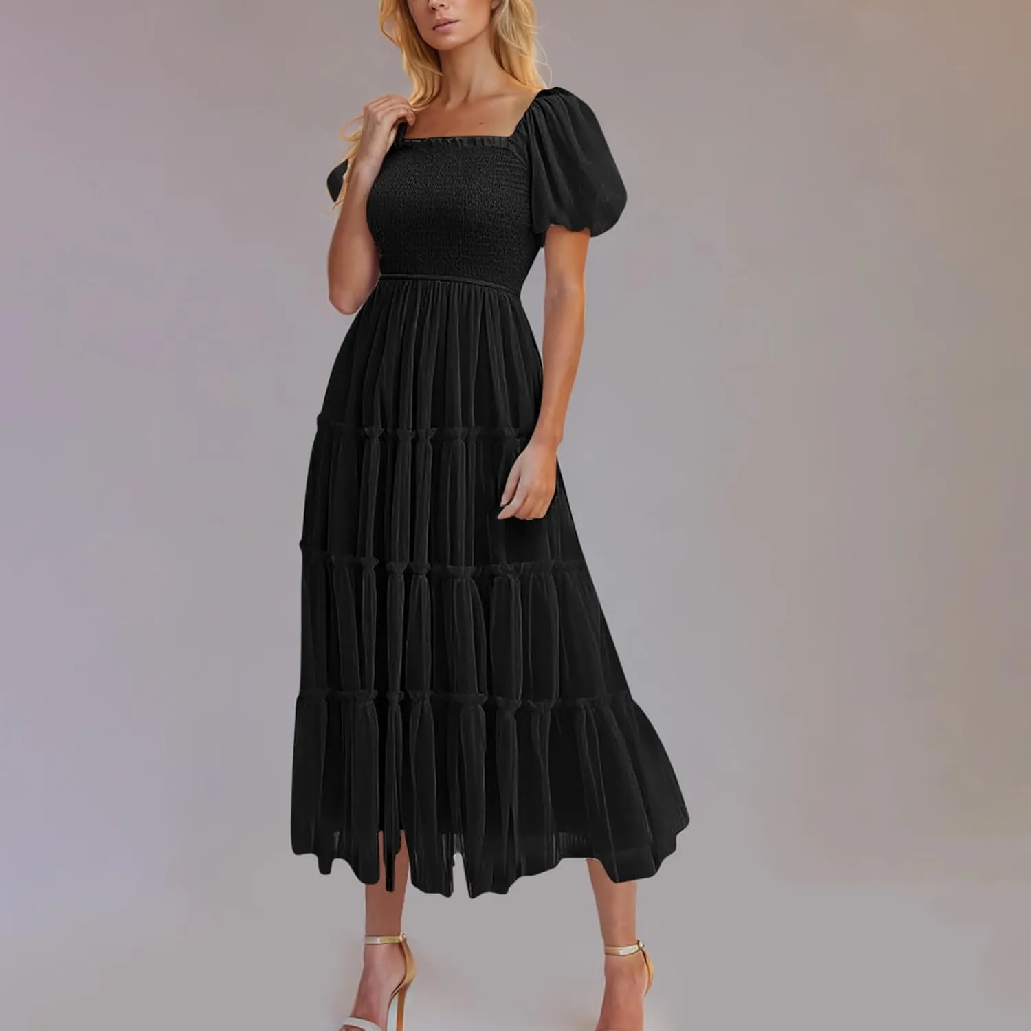 Smocked Midi Tulle Dresses for Women Puff Short Sleeve Square Neck High Waist Flowy Pleated Tiered a Line Party Dress