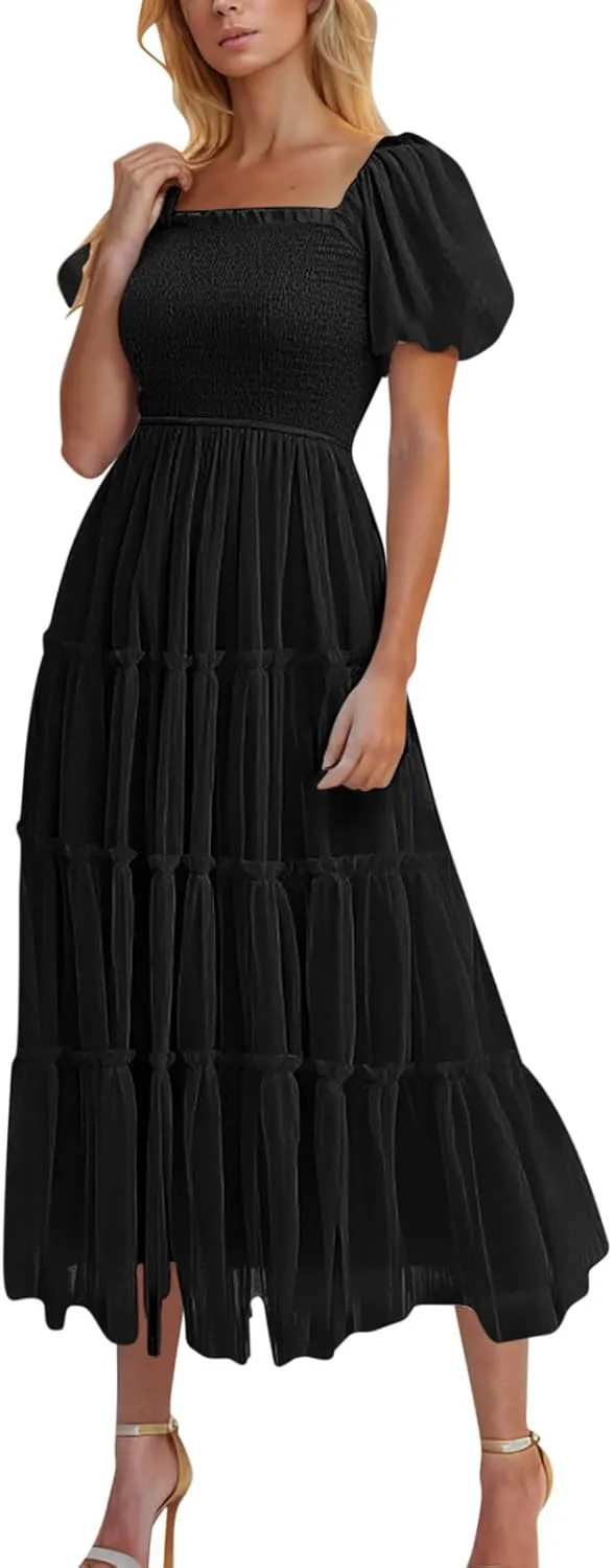 Smocked Midi Tulle Dresses for Women Puff Short Sleeve Square Neck High Waist Flowy Pleated Tiered a Line Party Dress